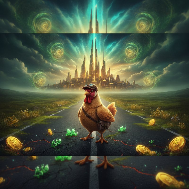 Chicken Road 2 de InOut: una gallina con gorro de aviador y bolsa al hombro plantada en mitad de una carretera agrietada, monedas doradas y cristales verdes repartidos por el asfalto y una ciudad dorada al fondo bajo nubes oscuras